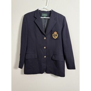 Vtg Ralph Lauren Embroidered Gold Crest Wool Blazer Womens 16 Academy Preppy USA